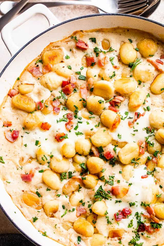 "Gnocchi with two cheeses & bacon"